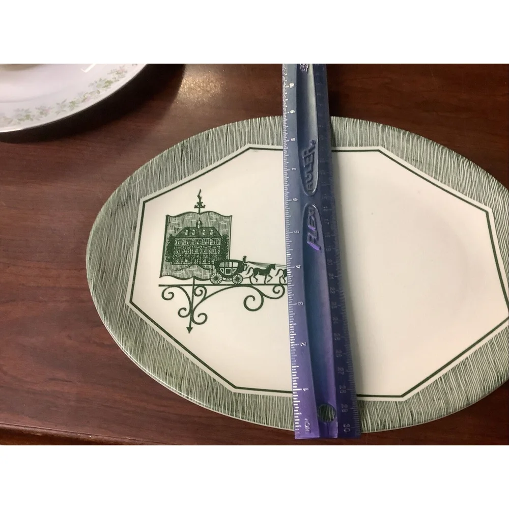 1 Scio Pottery Olde Orleans Oval Serving Platter Green White Carriage Horse Sign